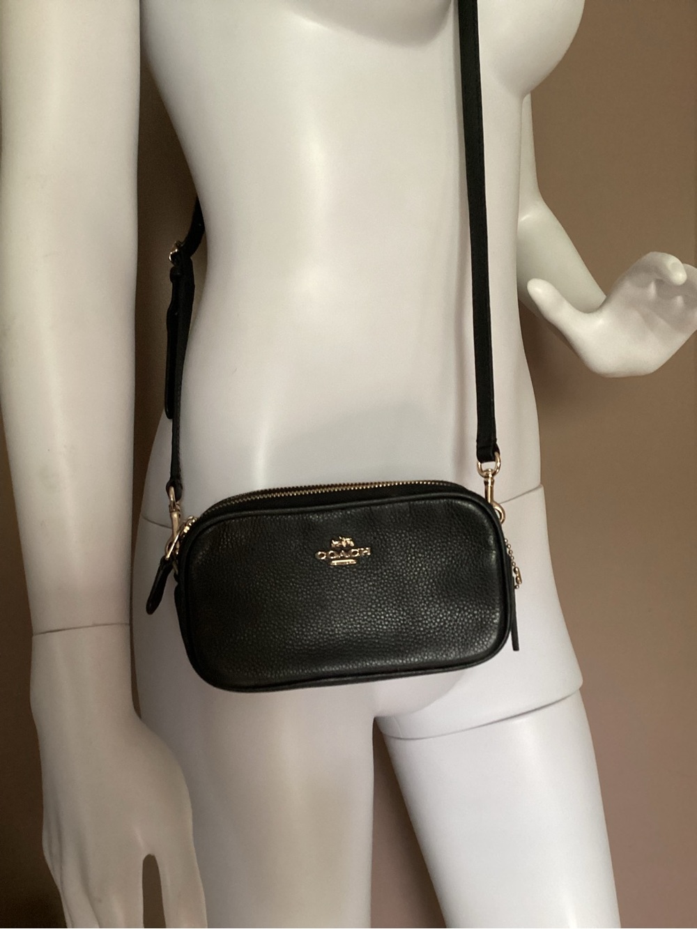 Coach Black Pebbled Leather Crossbody Double Zip Bag with Gold Hardware
